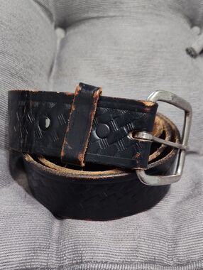 Vintage Black Basketweave Tooled Leather Work Belt Size 34